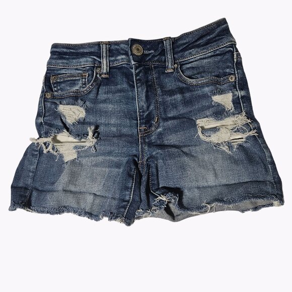 American Eagle Hi Rise Shortie Jean Shorts Womens Size 0 Ripped Distressed Denim - Picture 1 of 5